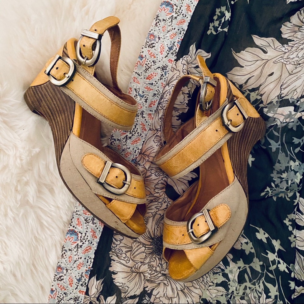 Miz Mooz “Sammy” Yellow and Tan Leather Wedges